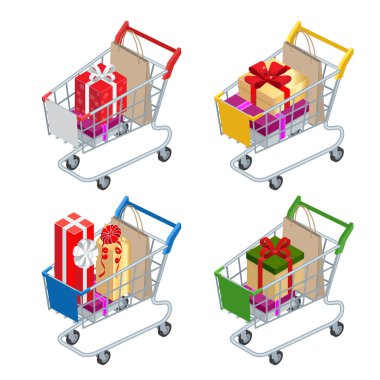 Yemek Sepeti indirim ya da alışveriş sepeti hediye ve indirimler ile. Renkli büyük yığın ile arabası alışveriş hediye kutuları üzerinde beyaz izole sarılmış. Süpermarkette alışveriş.