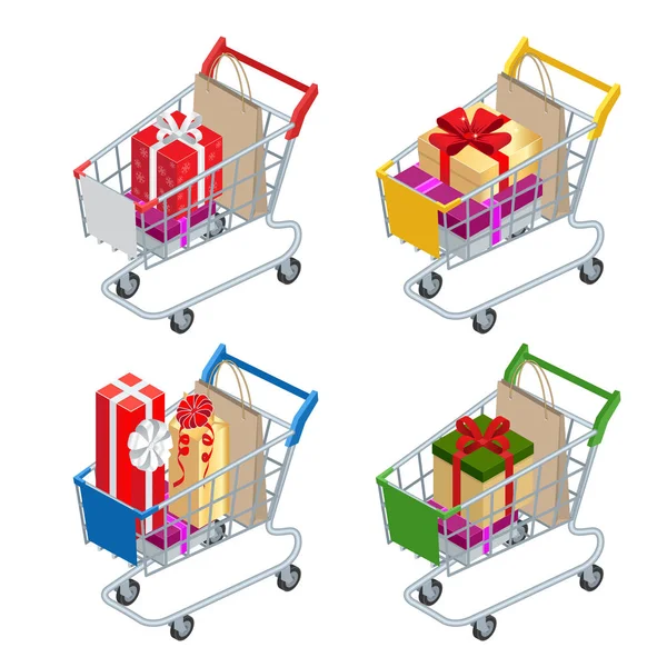 Cesta de comida DESCUENTO o carrito de compras con regalos y descuentos. Carro de compras con gran pila de coloridas cajas de regalo envueltas aisladas en blanco. Compras en el supermercado . — Vector de stock