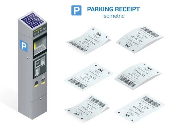 Parkolójegy és carking mérő izometrikus halmaza. Lapos ábra ikon részére pókháló — Stock Vector