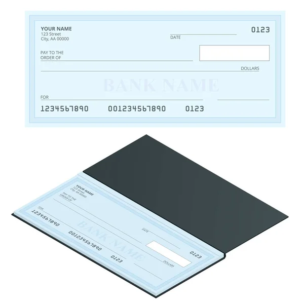 Bank te controleren met een Modern Design. Vlakke afbeelding. Cheque boek over gekleurde achtergrond. Bank te controleren met de pen. Concept illustratie beloning, betaling, kopen. — Stockvector