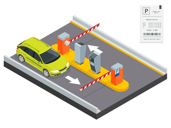 Isometric Parking payment station, access control concept. Parking ticket machines and barrier gate arm operators are installed at the entrance and exit of parking area as tools to charge parking fee.