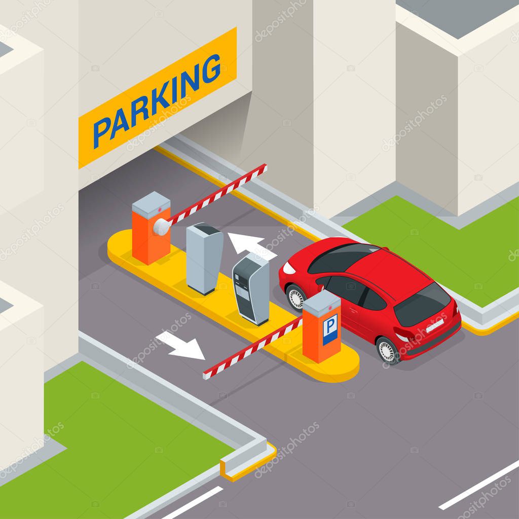 Isometric Parking payment station, access control concept. Parking ticket machines and barrier gate arm operators are installed at the entrance and exit of parking area as tools to charge parking fee.