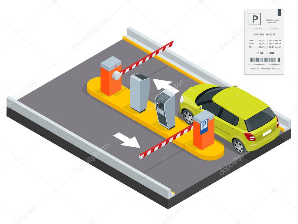 Isometric Parking payment station, access control concept. Parking ticket machines and barrier gate arm operators are installed at the entrance and exit of parking area as tools to charge parking fee.