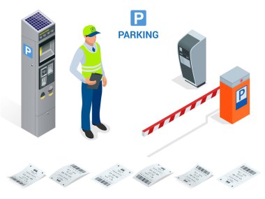 İzometrik park görevlisi. Giriş ve çıkış park alanı Otopark ücreti şarj etmek için araçları olarak, yüklü otopark bilet makineleri ve bariyer kapı kolu operatörleri.