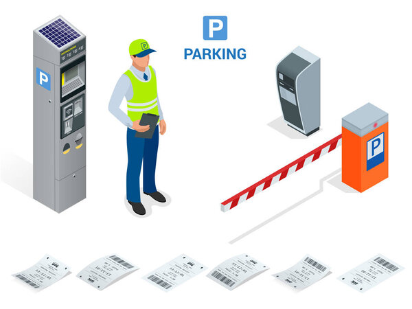 Isometric Parking Attendant. Parking ticket machines and barrier gate arm operators are installed at the entrance and exit of parking area as tools to charge parking fee.