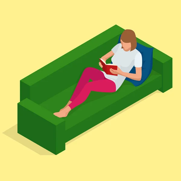 Mooie jongedame ligt op een bank en lezen die een boek van rust geniet. Platte 3d isometrische illustratie vector — Stockvector