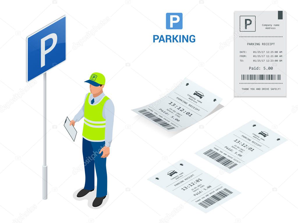 Isometric Parking Attendant. Parking ticket machines and barrier gate arm operators are installed at the entrance and exit of parking area as tools to charge parking fee.