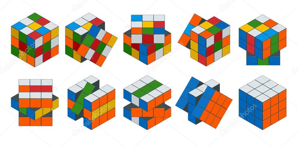 Isometric cube toy puzzle, 3x3 square. Rubiks cube on a white background. This famous cube puzzle was invented by the architect Erno Rubik in 1974