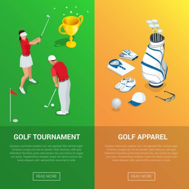 Golf turnuvası ve giyim, Şampiyonası ile dikey Golf Kulübü afiş. Web sitesi veya flayers için düz vektör çizim.