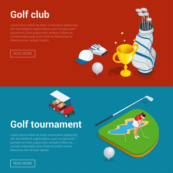 Horizontale Golfclub banners met golf auto cursus gat, kampioenschap en kleding vlakke afbeelding. — Stockvector