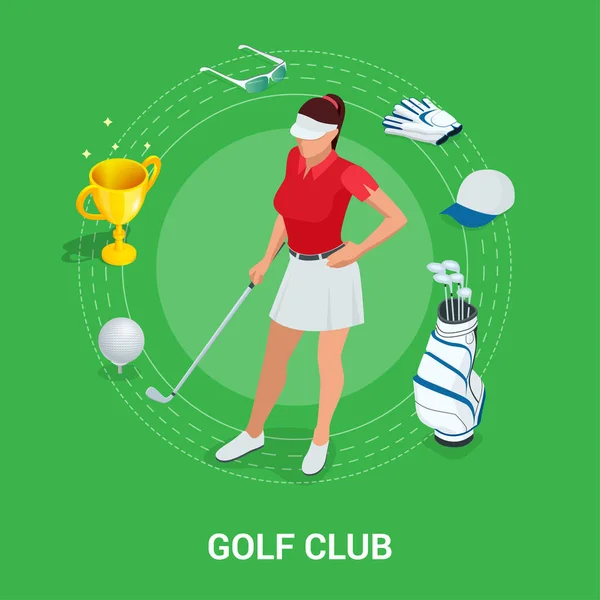 Golf club concept. Isometrische golfer en kleding. Sport designelementen. — Stockvector