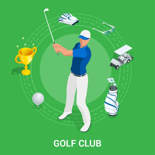 Golf club concept. Isometric golfer and apparel. Sport design elements. — Stock Vector