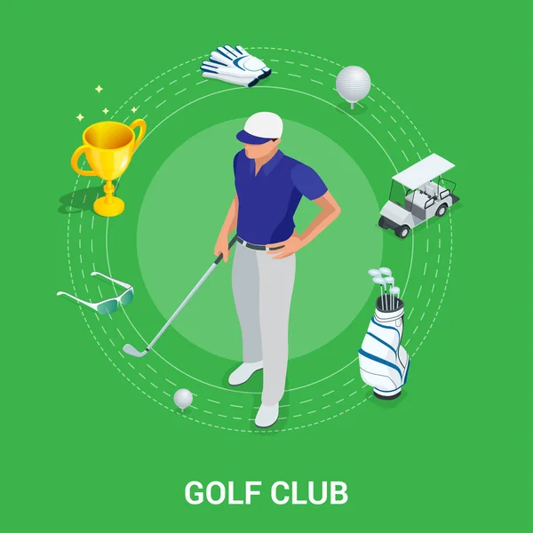 Golf club concept. Isometric golfer and apparel. Sport design elements. — Stock Vector