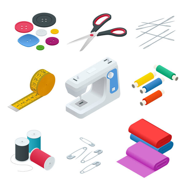 Цветные баннеры предметов для шитья, ремесла. Швейные инструменты и швейный набор, швейное оборудование, игла, швейная машина, швейная булавка, пряжа. Векторное множество
.