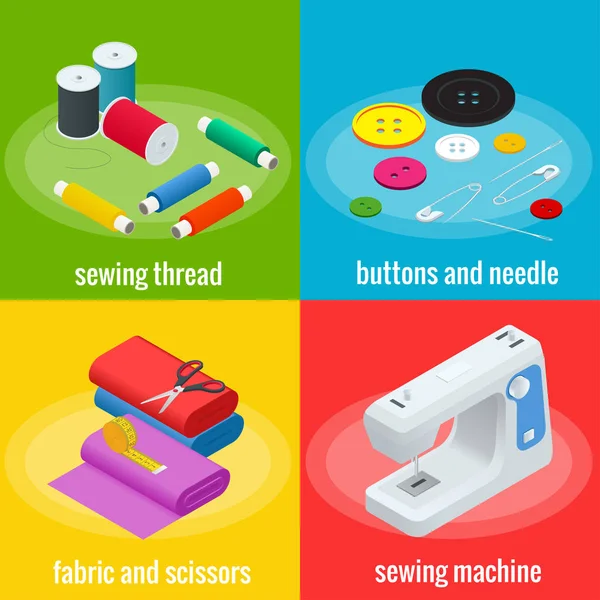 Color banners of objects for sewing, handicraft. Sewing tools and sewing kit,sewing equipment, needle, sewing machine, sewing pin, yarn. Sew vector set. Vector Graphics