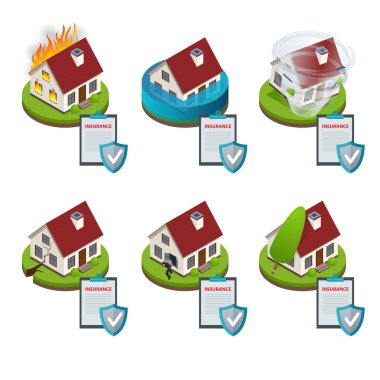 House Sigortacılık hizmeti izometrik simgeler şablonu. Vektör çizim. İş akışı düzeni, afiş, diyagram, numarası seçenekleri, web tasarım, zaman çizelgesi, infographics için kullanılabilir.