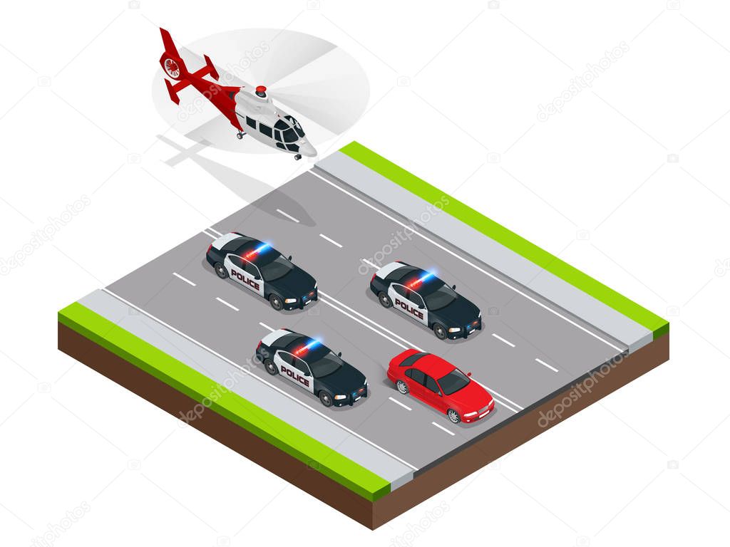 Police in pursuit of a criminal with a stolen car or drunk driving, speeding. Isometric Police Chase illustration concept. Law enforcement speeding after criminal.