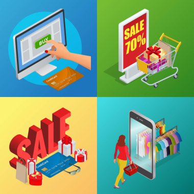 Online alışveriş, e-ticaret, 24 saat müşteri destek hizmeti kavramı ödeme seçenekleri ile. Düz izometrik Infographic afiş illüstrasyon vektör
