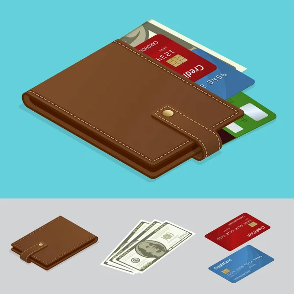 Πορτοφόλι με μετρητά και πιστωτικές κάρτες. Έννοια της πληρωμής. Ισομετρική εικονογράφηση διάνυσμα — Διανυσματικό Αρχείο