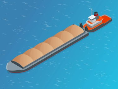 Bir nehir izometrik teknede. Çok büyük bir gemi. Kapsayıcılı ticaret, sıvı dökme ve kuru dökme nakliye. Uluslararası Nakliye.