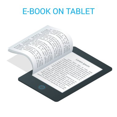 İzometrik E-kitap kavramı. Üniversite bilgisayar sınıf. Online Eğitim ve öğrenciler ile kütüphane. 3D çizim düz
