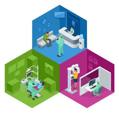 İzometrik Modern diş uygulama. Diş sandalye ve mavi, Doktor, Resepsiyon, detay diş panoramik grafisi ekipman diş hekimleri tarafından kullanılan diğer aksesuarları. Düz vektör kavramı