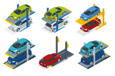 Yer altı otoparkı araba için izometrik Hidrolik Asansörler. Düz vektör çok düzeyli otopark.
