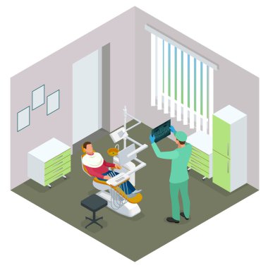 İzometrik Modern diş uygulama. Diş sandalye ve mavi, Doktor, Resepsiyon, detay diş panoramik grafisi ekipman diş hekimleri tarafından kullanılan diğer aksesuarları. Düz vektör kavramı