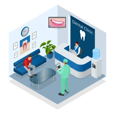 Isometric Modern dental practice. Dental chair and other accessories used by dentists in blue, medic, reception, detail dental panoramic radiograph equipment. Flat vector concept clipart