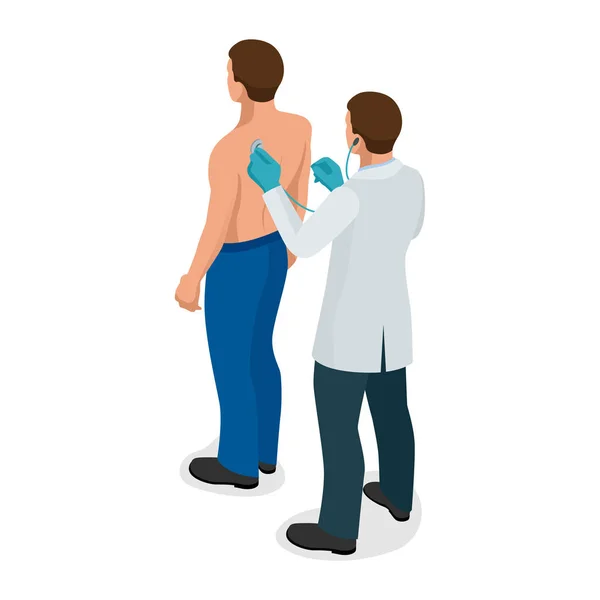 Médico masculino examinando a un paciente con estetoscopio en el hospital. Ilustración isométrica vectorial para medicina o diseño sanitario . — Vector de stock