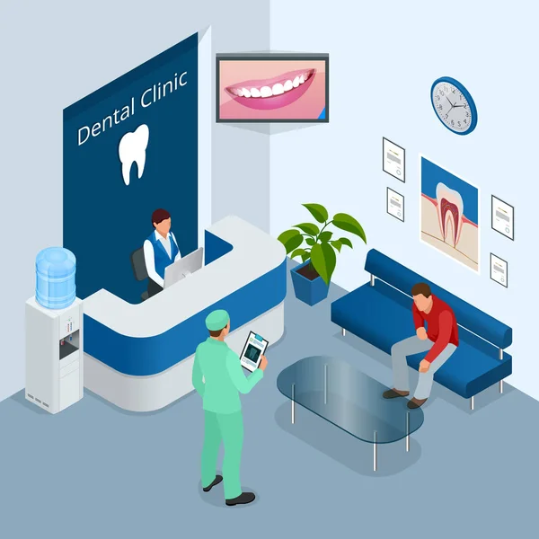 İzometrik Modern diş uygulama. Diş sandalye ve mavi, Doktor, Resepsiyon, detay diş panoramik grafisi ekipman diş hekimleri tarafından kullanılan diğer aksesuarları. Düz vektör kavramı — Stok Vektör