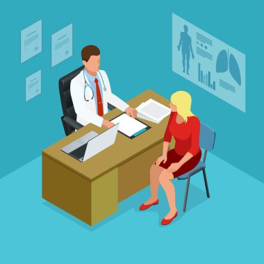 İzometrik doktor hastanede tablet PC'de bir şey hasta gösterilen. Erkek doktor doktor ofisinde Bayan hasta ile konuşmak. Sağlık, Medikal ve teknoloji.