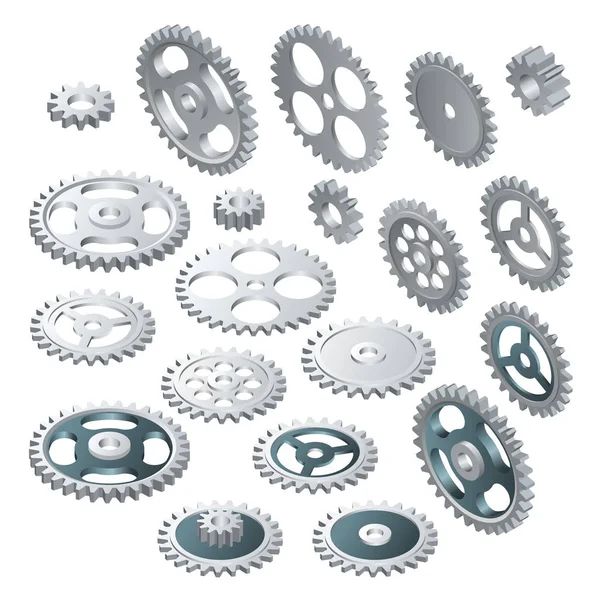 Un grande set di ruote dentate isometriche. Tecnologia futuristica vettoriale. Illustrazione hi-tech, ingegneria, concetto di telecomunicazioni digitali. Con spazio per contenuti, modelli web, presentazioni di business tech — Vettoriale Stock