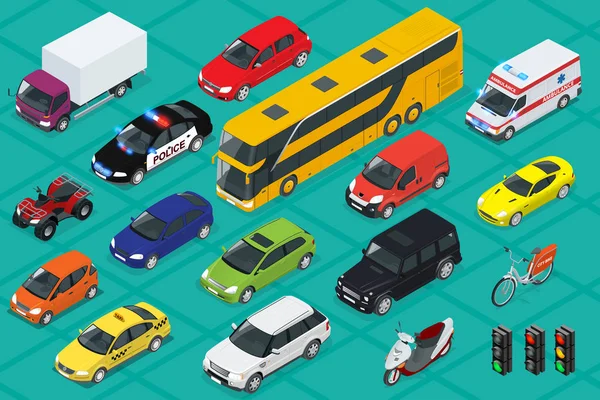 Car icons. Flat 3d isometric high quality city transport. Sedan, van, cargo truck, off-road, bus, scooter, motorbike, riders, ATV. Set of urban public and freight transport — Stock Vector