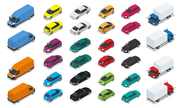 Car icons. Flat 3d isometric high quality city transport. Sedan, van, cargo truck, hatchback. Set of urban public and freight transport
