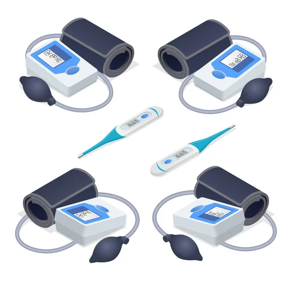 Tonômetro médico isométrico para medir a pressão arterial e o termômetro eletrônico isolado em branco —  Vetores de Stock