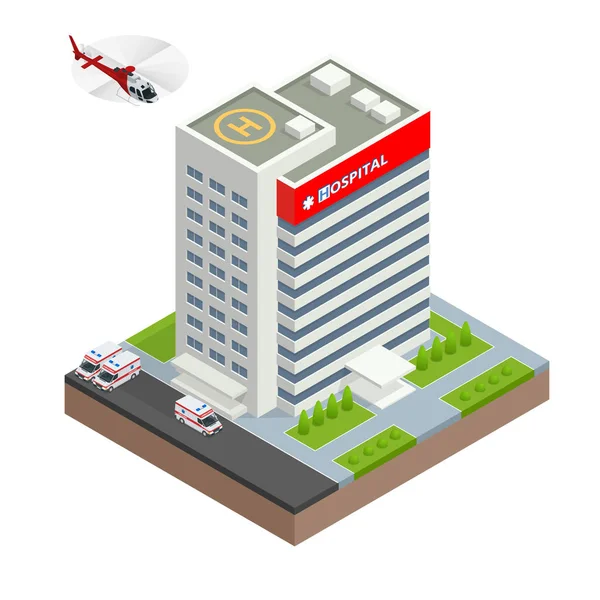 Edifício do hospital da cidade com carro de ambulância e helicóptero em design plano. Ilustração vetorial isométrica . — Vetor de Stock