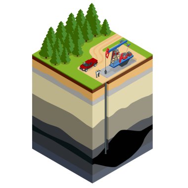 Petrol sondaj sondaj kavramı. Mühendis Doğalgaz boruları önünde kağıt üzerinde yazılı. Rafineri, gaz ve petrol. 3D izometrik çizimde düz. İnfographics ve tasarım için.