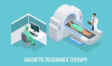 Doctor looking at results of patient brain scan on the monitor screens in front of MRI machine with man lying down. Flat isometric vector illustration. clipart