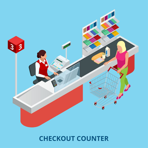 Isometric Checkout counter. Woman paying with a credit card to a store clerk in a supermarket. Quality service and supermarket web banner.
