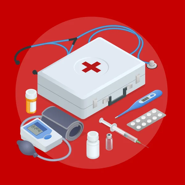 Flat concept of online medical support, family health care, health insurance, pharmacy, medical services, laboratory tests, ambulance, online pharmacy. Isometric vector round pictogram composition — Stock Vector