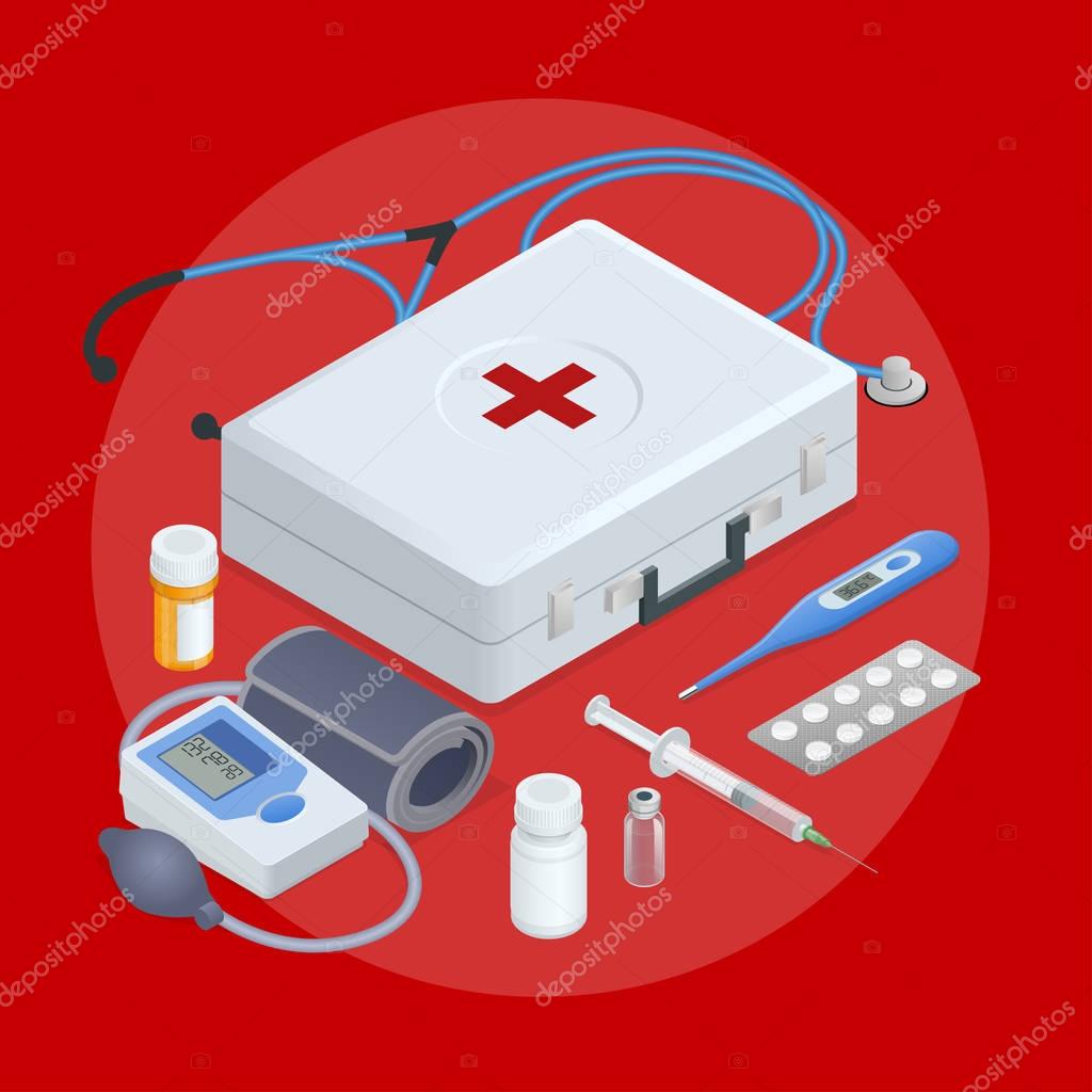 Flat concept of online medical support, family health care, health insurance, pharmacy, medical services, laboratory tests, ambulance, online pharmacy. Isometric vector round pictogram composition