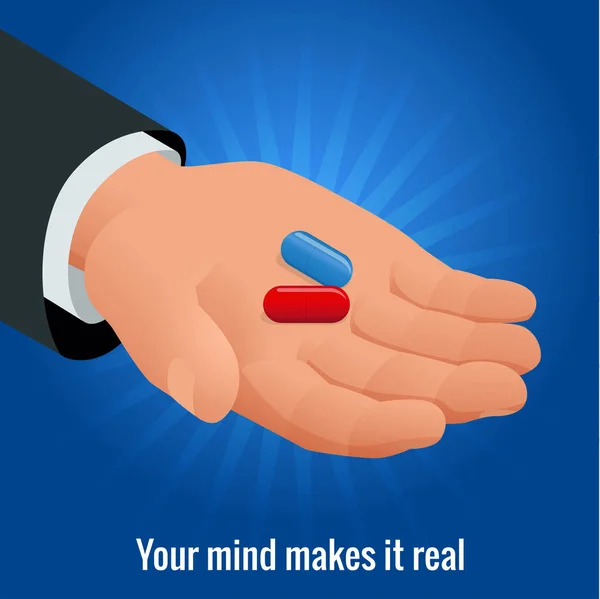 Isometric mans main avec des pilules rouges et bleues. Vecteur — Image vectorielle