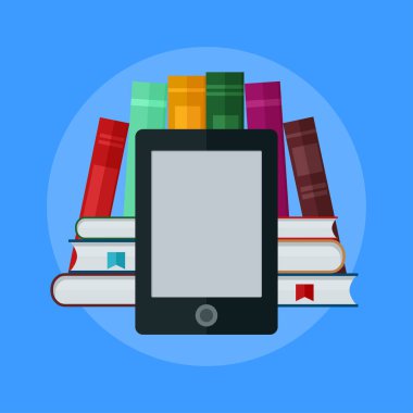 E-kitap kavramı. Üniversite bilgisayar sınıf. Online Eğitim ve öğrenciler ile kütüphane. Düz vektör 3d çizim