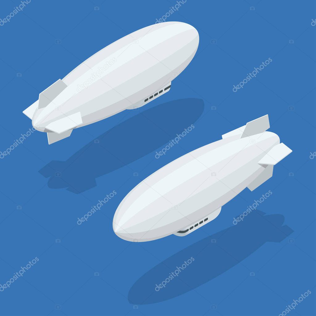 Isometric Dirigible in flight icons collection on white background. 3d abstract isolated vector illustration. Stylish airship flying.