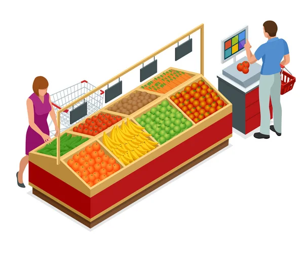 Vrouw en man winkelen groenten en fruit in de supermarkt. Mensen in het interieur van de supermarkt. Beste keuze. Vers voedsel. Kwaliteit van de dienstverlening. — Stockvector