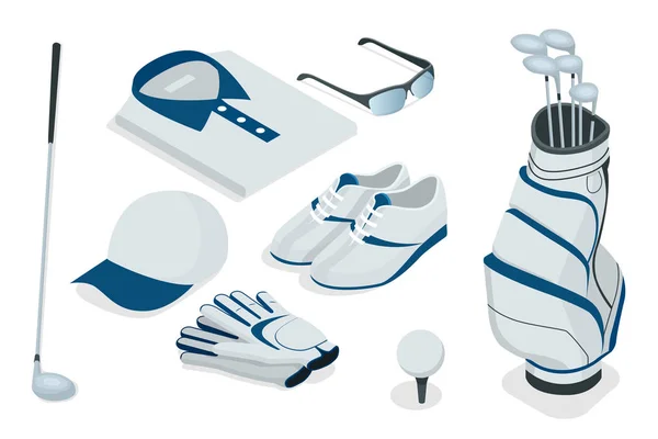 Isometrische collectie golfartikelen rustend op een witte achtergrond. Sport designelementen. — Stockvector
