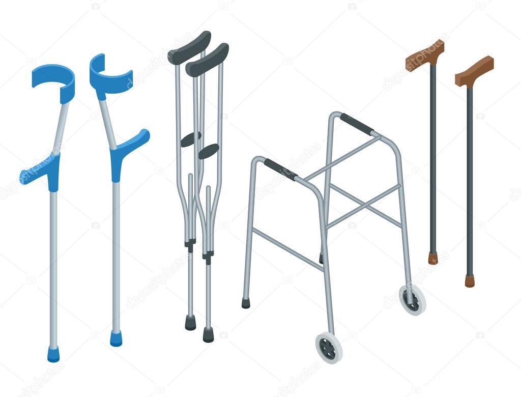 Isometric set of mobility aids including a wheelchair, walker, crutches, quad cane, and forearm crutches. Vector illustration. Health care concept.