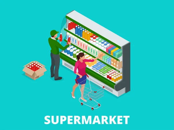 Vrouw winkelen melk in de supermarkt. Isometrische supermarkt thermocool koelkast planken voedsel collectie met melk platte vectorillustratie — Stockvector
