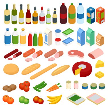 Gıda izometrik büyük kümesi. Vektör yiyecek Icons set.